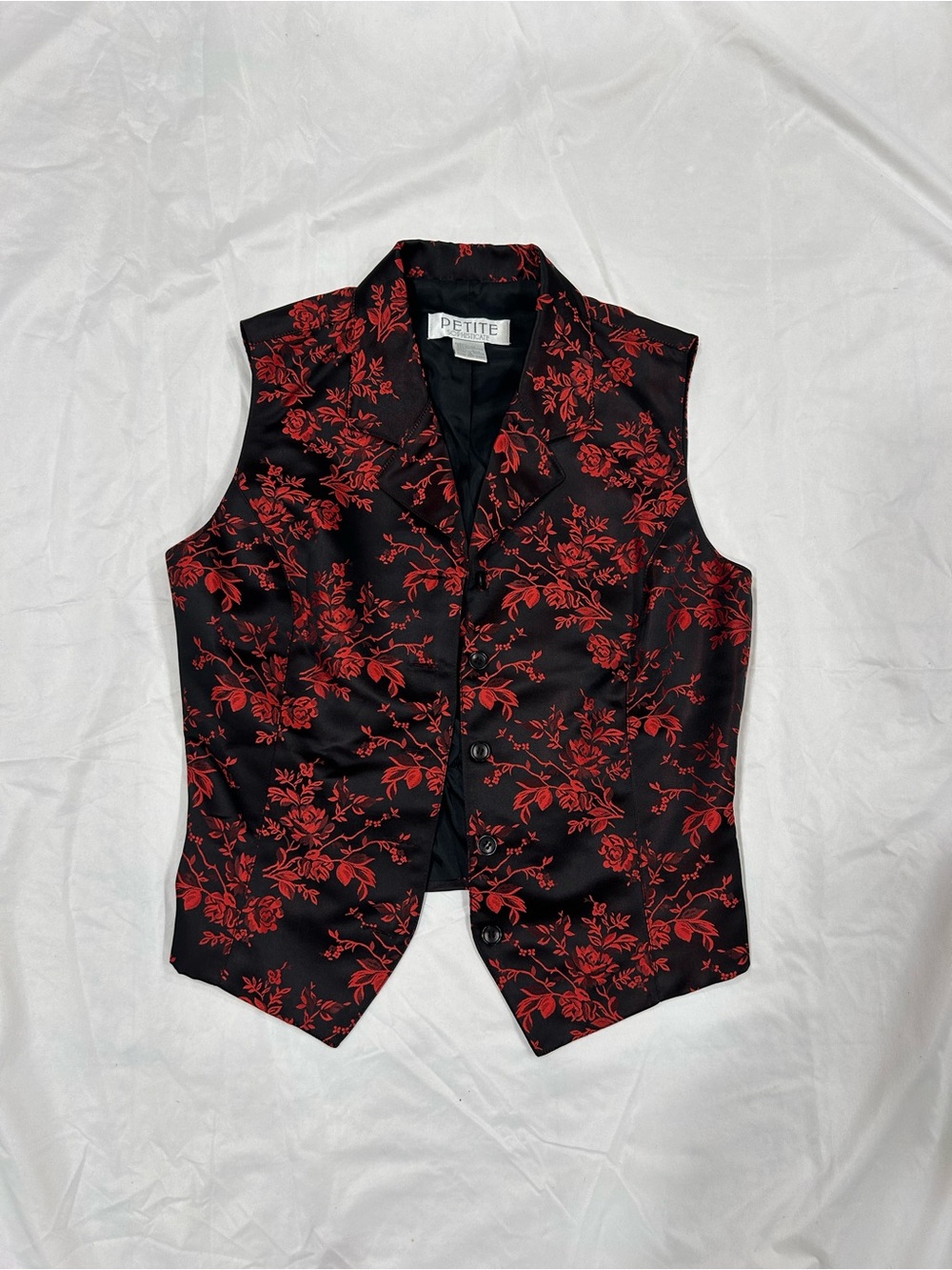 Petite Sophisticate Women’s Black & Red Floral Brocade Vest